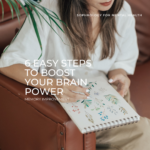 woman sitting with a watercolor pad with text '6 easy steps to boost your brain power, memory improvement, sophrology for mental health'
